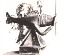 Deckelfigur vor einer Lithographie aus 1964 - FG unbkt.